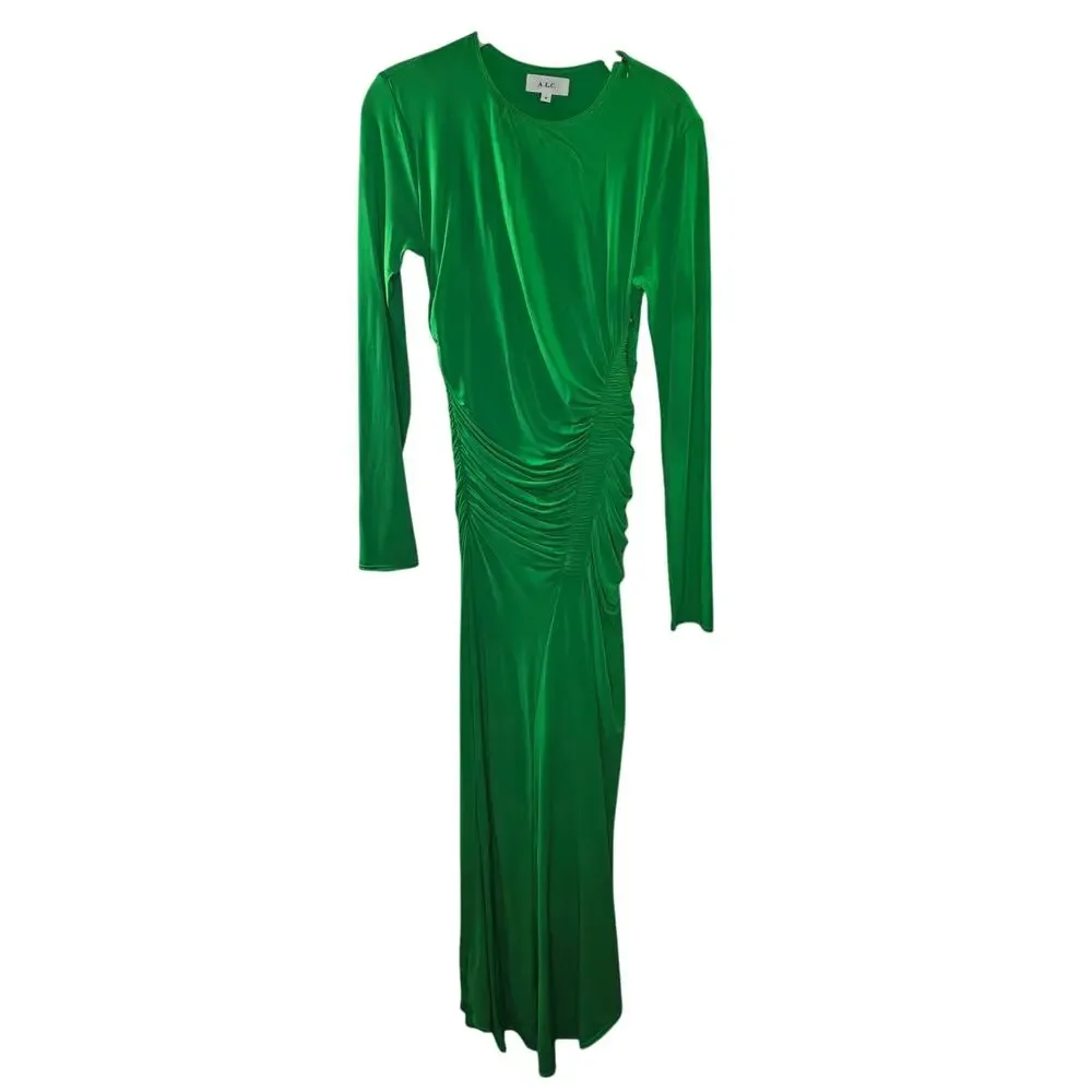 A.L.C Adeline Green Asymmetric Ruched Stretch Maxi Dress Size Medium - Picture 2 of 13